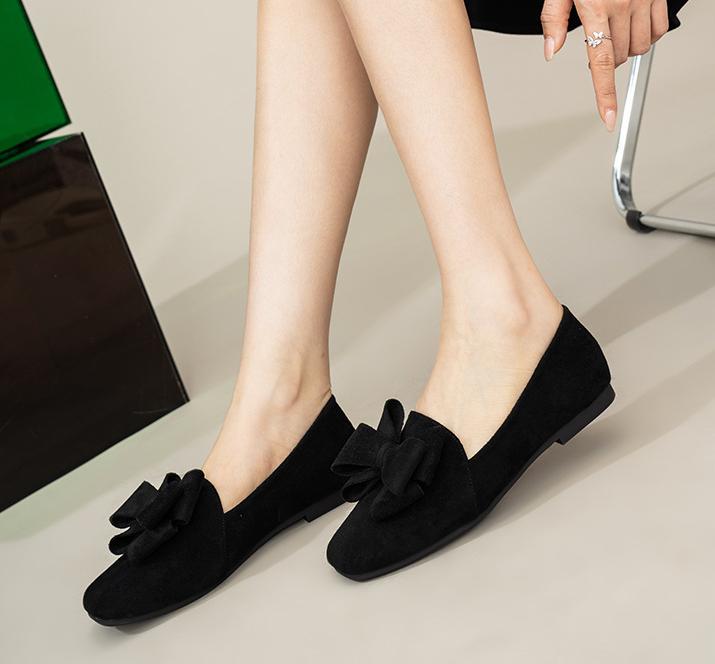 Fashion 2025 Spring Bowknot Flats Women Square Toe Ballerinas OL Ladies Office Dress Ballets Shoes Soft Velour Moccasines Femmes Loafers