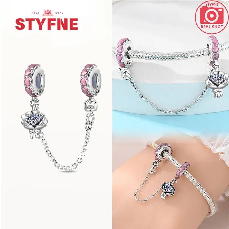Real Silver 925 Star and Moon Flower Heart Safety Chain Wearable Jewelry Gift Bracelet DIY Beads for Women