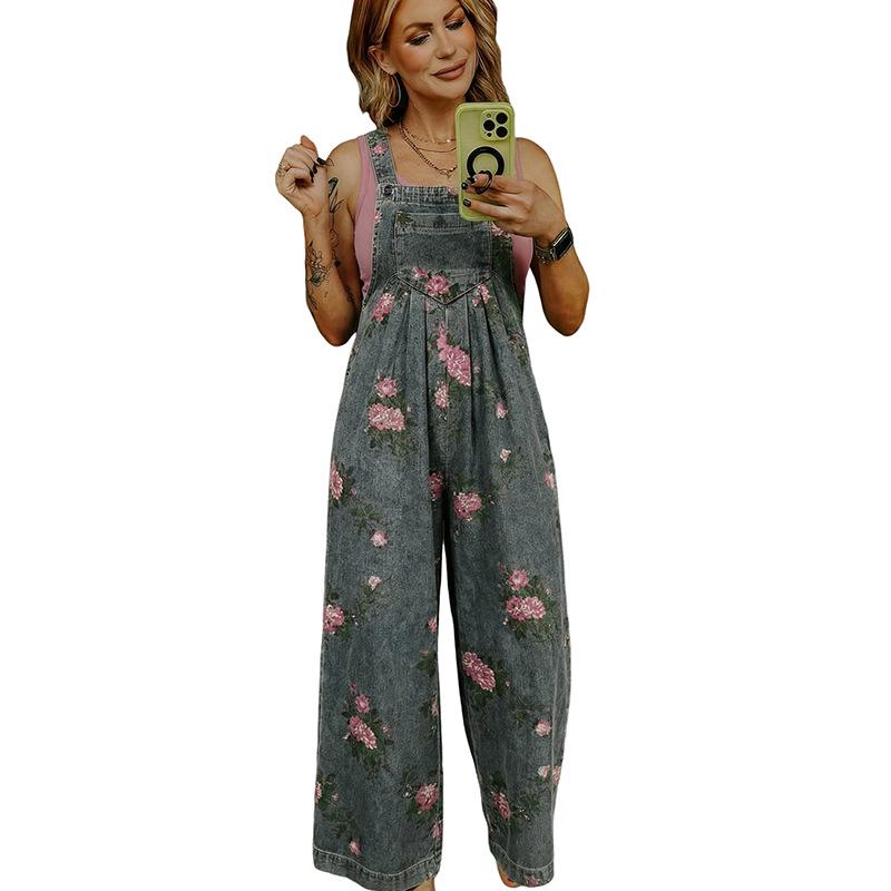Winter 2025 Floral High-Waisted Denim Overalls - European & American Women s Fashion Jumpsuit Medium