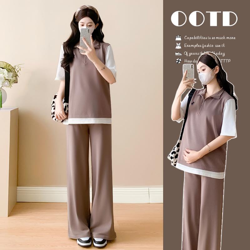 

2026 Summer Maternity Set - Embroidered Top & Casual Wide-Leg Pants Two-Piece Medium коричневый