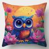 4PCS Pillow Case Set: Perch Design, Multicolor  with Floral & Forest Sunset Background. For Daily Party, Bedroom Decor