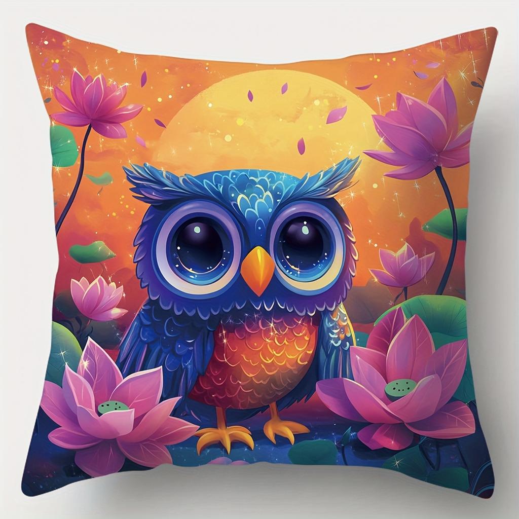 4PCS Pillow Case Set: Perch Design, Multicolor  with Floral & Forest Sunset Background. For Daily Party, Bedroom Decor