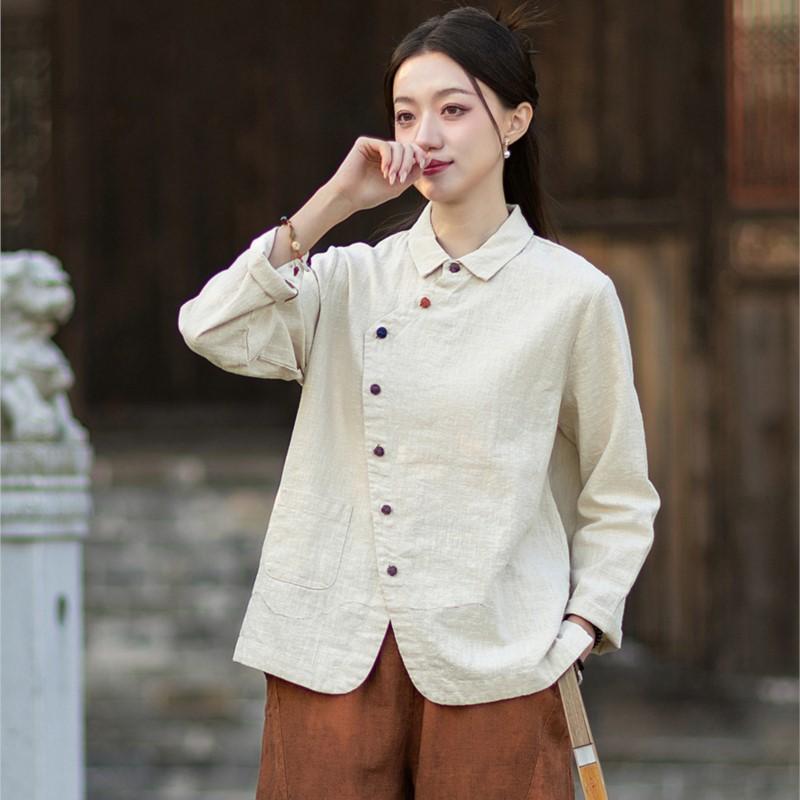 

Johnature Women Vintage Shirts Tops Spring Chinese Style Solid Color Turn-down Collar Long Sleeve Shirts One Size бежевый