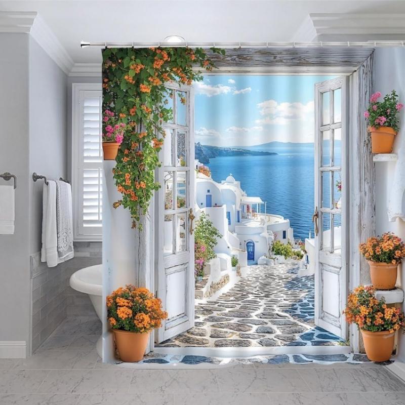 

Coastal Landscape Shower Curtain Ocean Beach Italian Mediterranean White Architecture City Town Street Summer Wooden Window Door 90x180CM