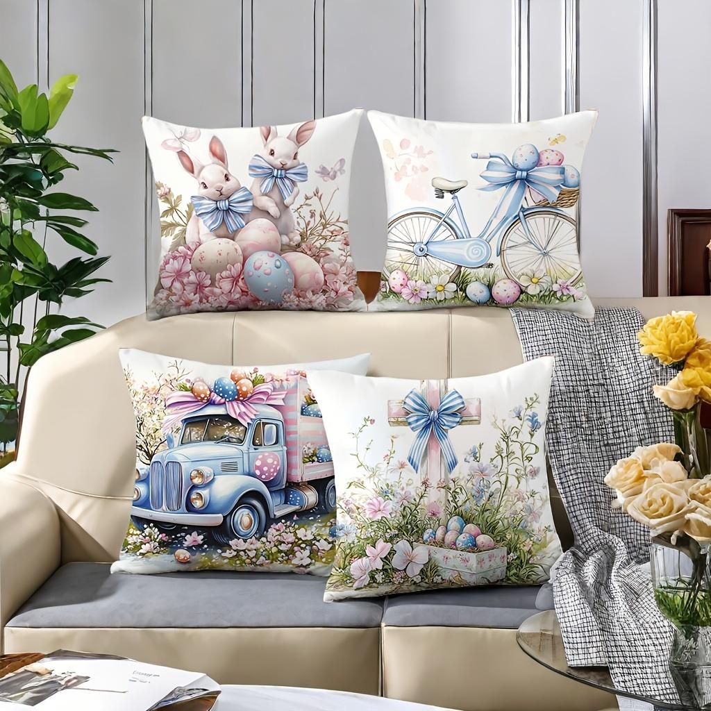 Short Plush Material Pillowcasehappy Easter Decoration Pillowcase Home Room Decoration Bowknot Rabbit Truck Egg Print Living Roo