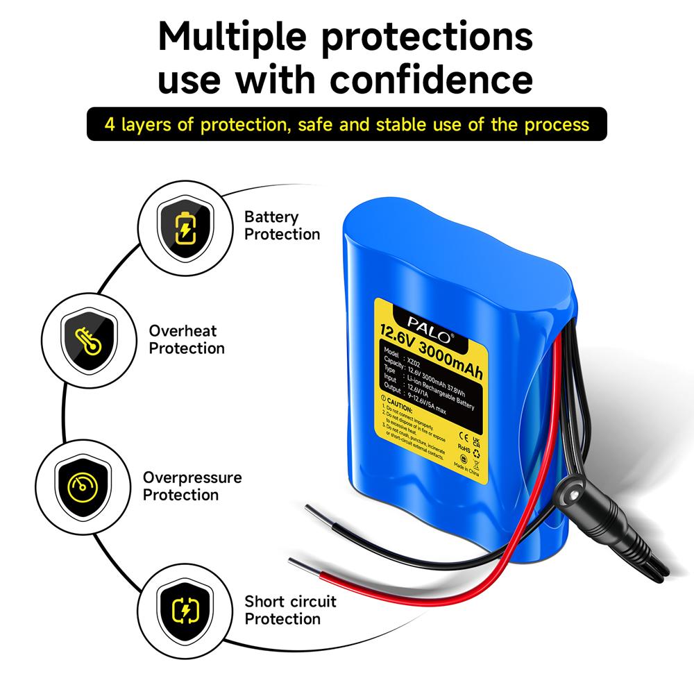 PALO Original 12.6V Battery 12V/12.6V Rechargeable Li-Ion Battery Pack 3Ah 12Vportable Battery for Devices RC Car Boat DIY Robot