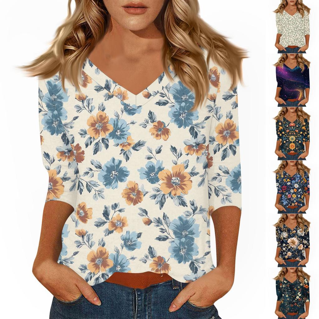 Women's Tops Three-quarter Sleeve Shirt V-neck Loose Casual Shirt Print T-shirt