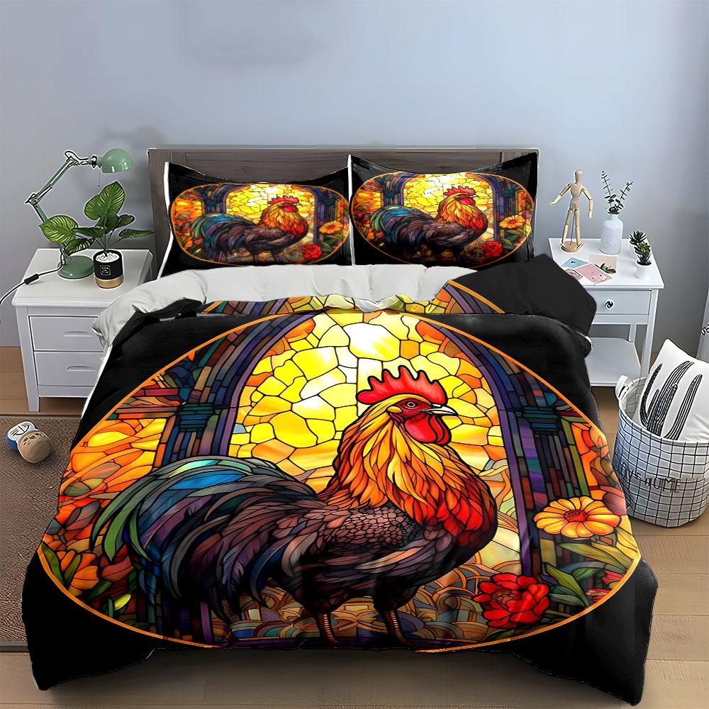 Colorful Rooster Stained Glass Decor Soft Comfortable Duvet Cover Bedding Set Included 1*Duvet Cover & 2*Pillowcases, Gift