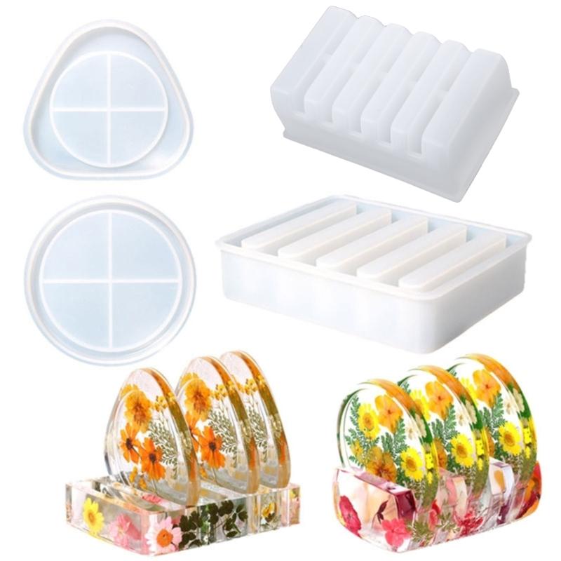 Reusable Epoxy Resin Molds Silicone Triangular & Round Coaster Molds for DIY Coaster & Storage Rack DIY Resin Art Tool