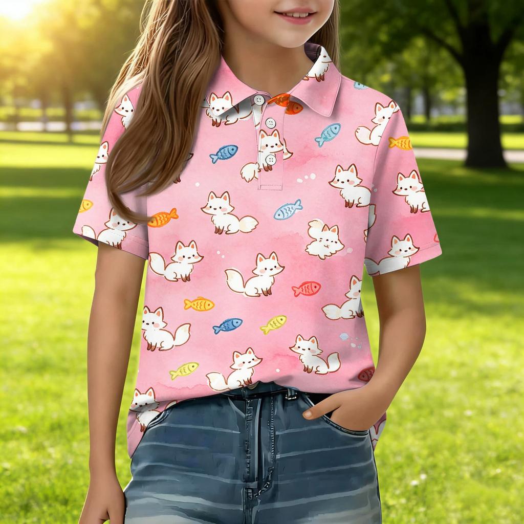 Kids Short Sleeve Polo Shirt Animal Print Casual Tee Button Down Collar Lightweight Summer Top for Boys Girls