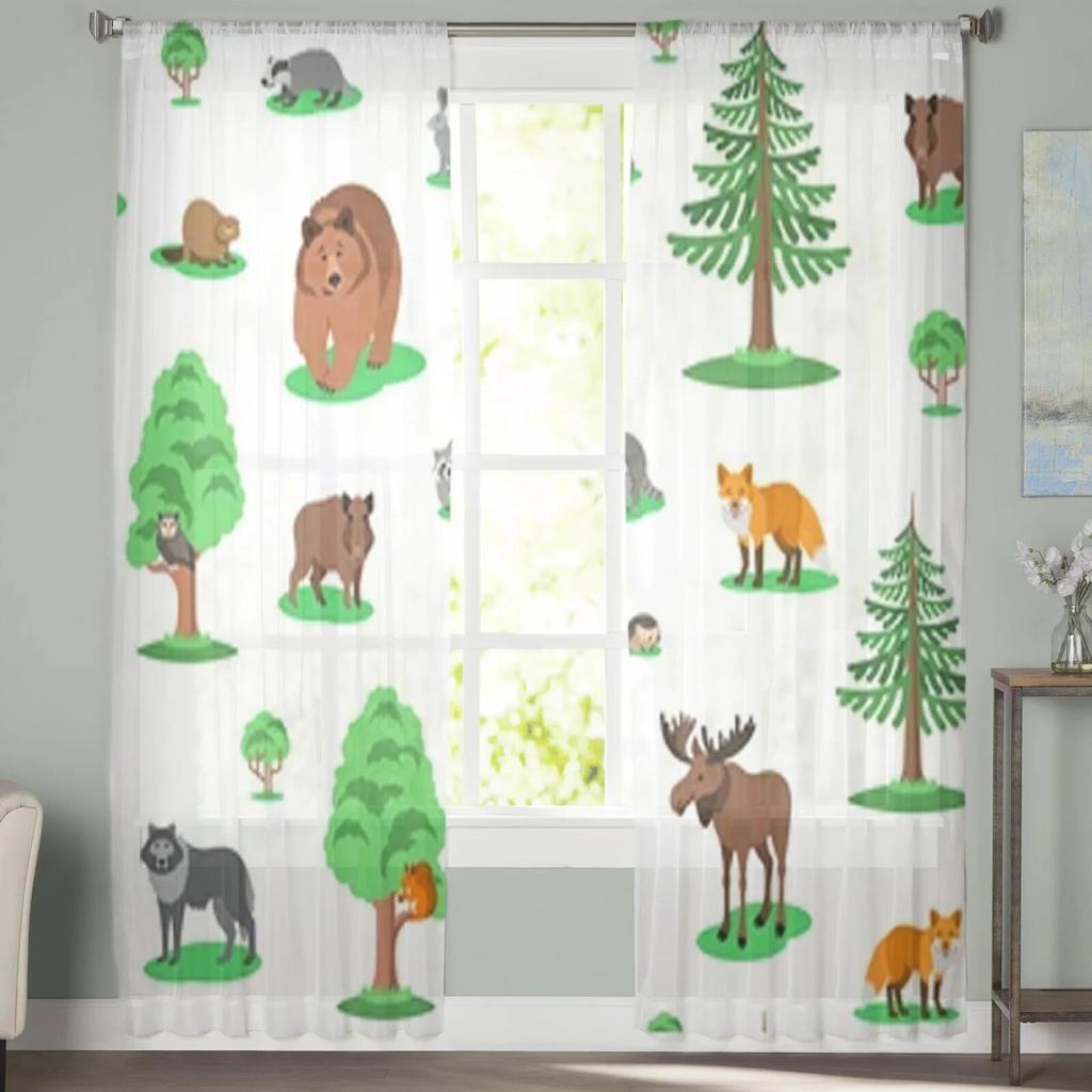 Cute Forest Animals Chiffon Sheer Curtains For Living Room Bedroom Decoration Window Tulle Curtains Drapes