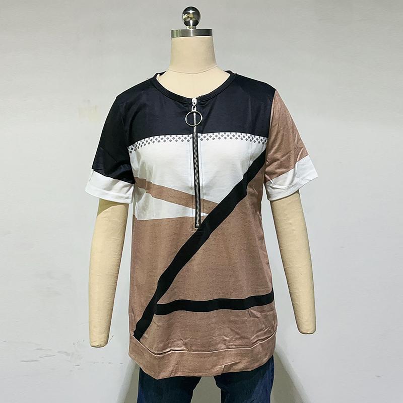 Summer Striped Printed Plus Size T Shirt Women Vintage Short Sleeve Zipper V-neck Casual T-shirt Woman Loose Office Lady Basic Tee Tops 25118