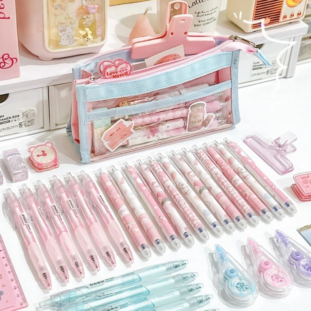 1 st Color Block Transparent PVC Pennskrin Penförvaringspåse för Prov Söta Färger Stor Kapacitet Flerlagers Kontorsmaterial