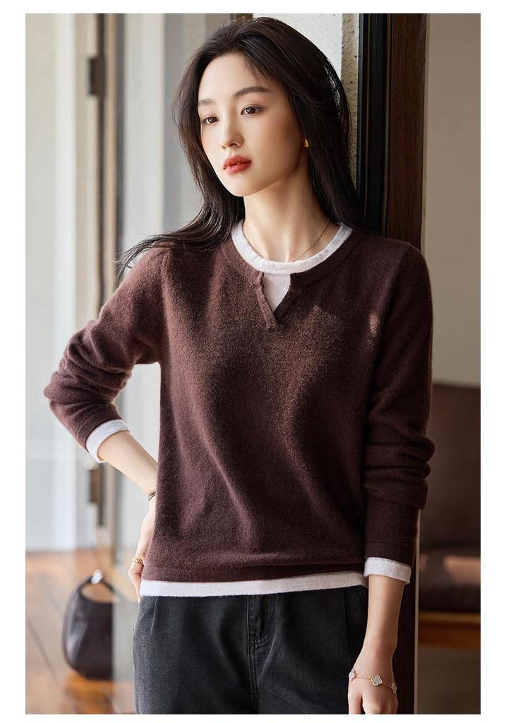 Women's V-Neck Color Block Wool Sweater: Autumn/Winter Fake Two-Piece Knit Design
