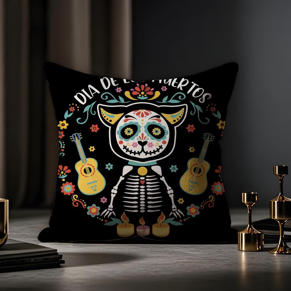 Mexico Easter Flower Skeleton Cushion Cover Case Antidustmite Pillowcase Invisible Zipper Silky Short Plush Sofa Cushion Cover