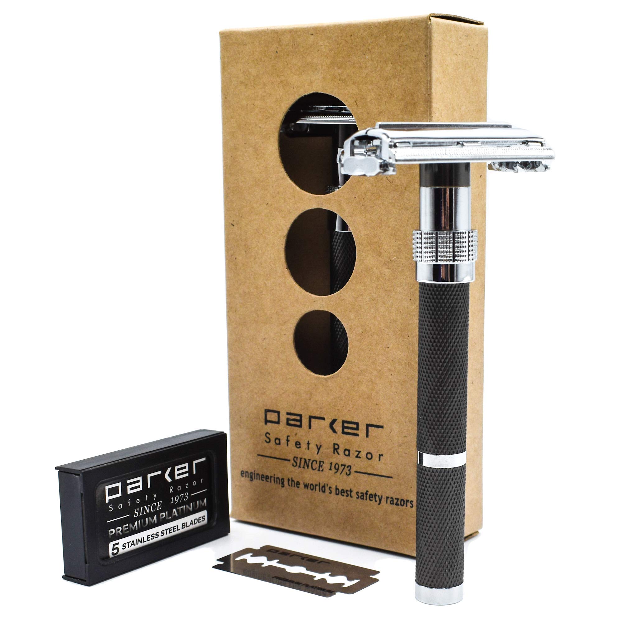 

Безопасная бритва Parker 96R с длинной ручкой и открытым лезвием Parker Premium Platinum, 5 лезвий и обоюдоострая заточка