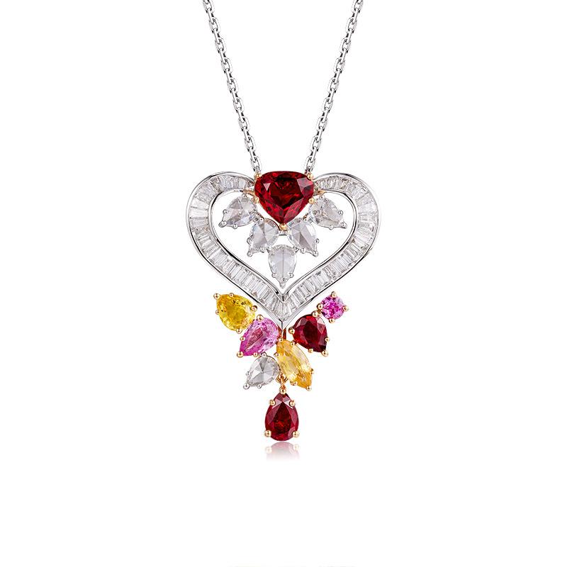 Designer Haute Couture Jewelry Super Fairy Colored Treasure Set Necklace, Light Luxury Full Diamond Ruby Pendant T Square Diamond Stud Earrings Women