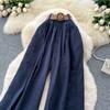 Summer Women Chic Boho Cotton Linen High Waist Wide Leg Pocket Pant Trouser With Belt For Girls