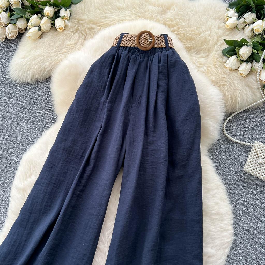 Summer Women Chic Boho Cotton Linen High Waist Wide Leg Pocket Pant Trouser With Belt For Girls