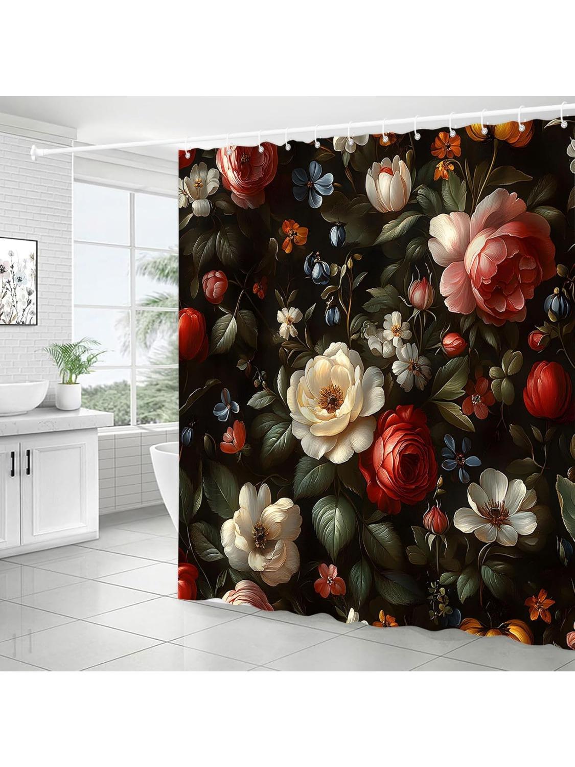

Black Floral Shower Curtain Vintage Boho Dark Rose Flower Blossom Leaves Botanical Plant Modern Elegant Aesthetic Spring Garden W60H190(CM)-1 Pcs