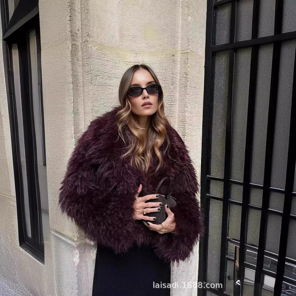 Women's Turn Down Collar Long Sleeve Faux Fur Coat Loose Elegant Short Winter Outerwear