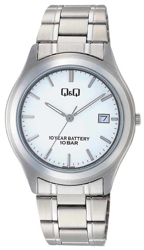 Citizen Analog Battery Date Metal White Q&Q Men's Watch, 10-Year Life, Waterproof, Display, Band, W476-201,