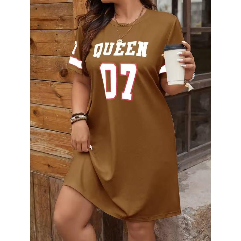Plus Size Women's Summer Music Festival Pattern Sporty Casual Letter Print Fashionable 07 Printed Jersey Tenniscore Dress