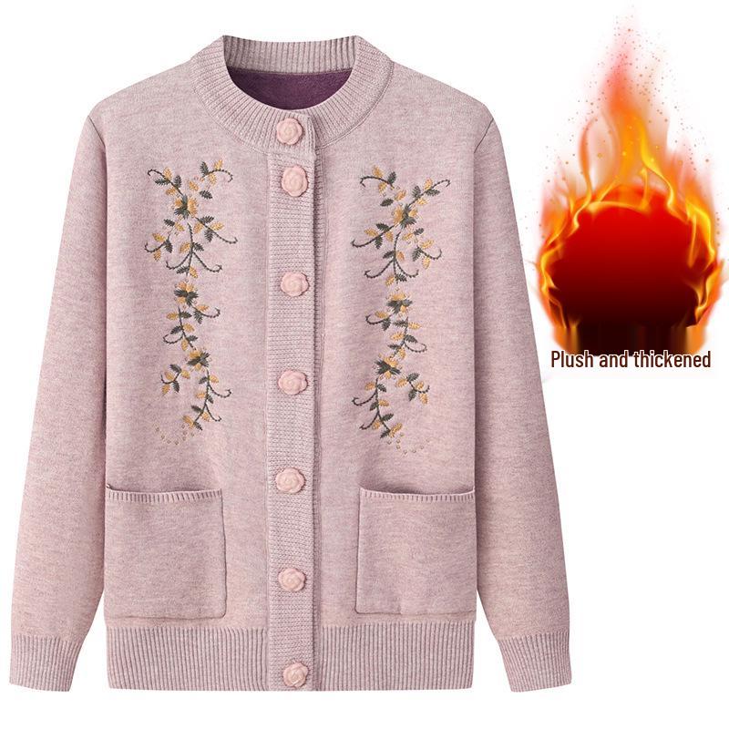 Dámský plusový sametový zesílený kardigan - Jarní a podzimní pletený svetr pro středního věku a starší