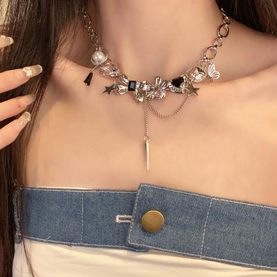 Sweet Cool Personality Love Pearl Flower Bow Star Rivet Tassel Necklace Cold Wind Punk Collarbone Chain