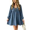 Autumn New V-neck Pleated Dress Lantern Long Sleeves Loose and Thin European and American Style Short Skirt Women