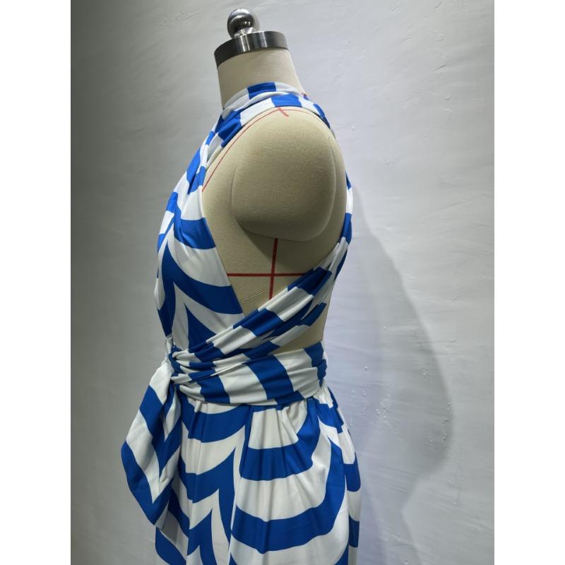 Women's Summer Sweet Stripe Hanging Neck High Waist Split Mid-Length Dresses