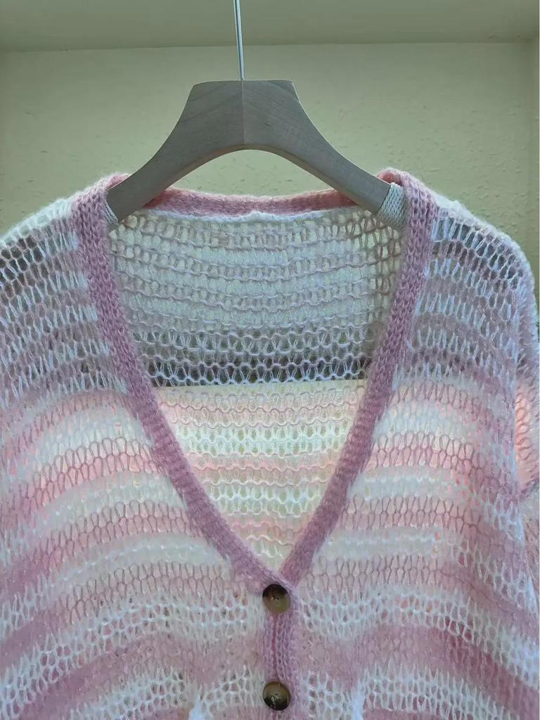 Women's Striped V-Neck Knit Cardigan Sweater - Lightweight, Loose, and Casual for Spring & Fall
