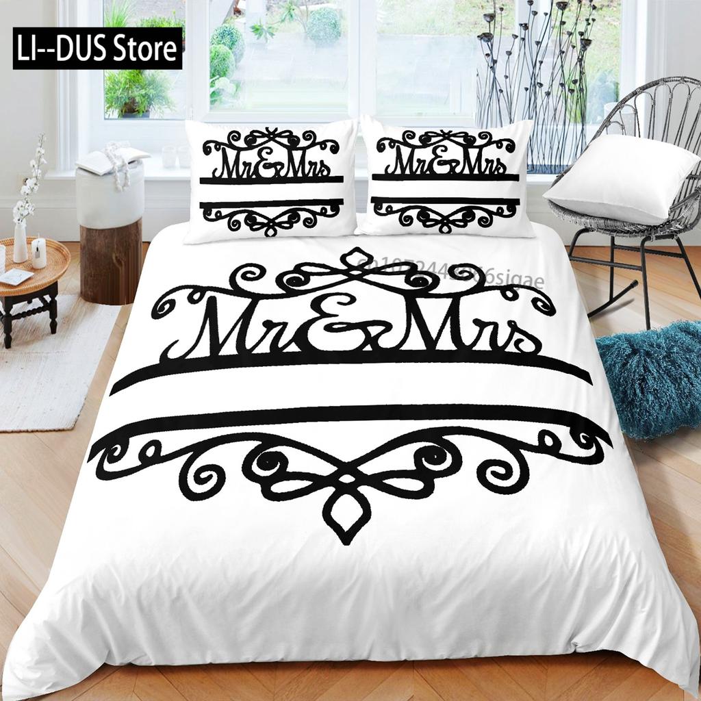 Herr und Frau Bettbezug-Set Queen-Size Schnurrbart Rote Lippen Paar Romantisches Thema Bettdeckenbezug für Liebhaber Mikrofaser Bettwäscheset