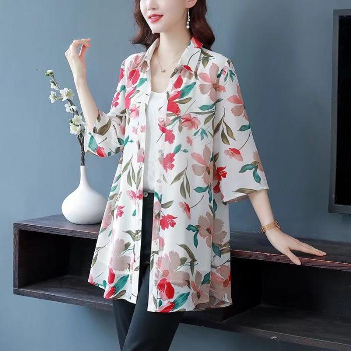 Women's Summer Mid-Length Chiffon Shirt Thin Breathable Causal Tops