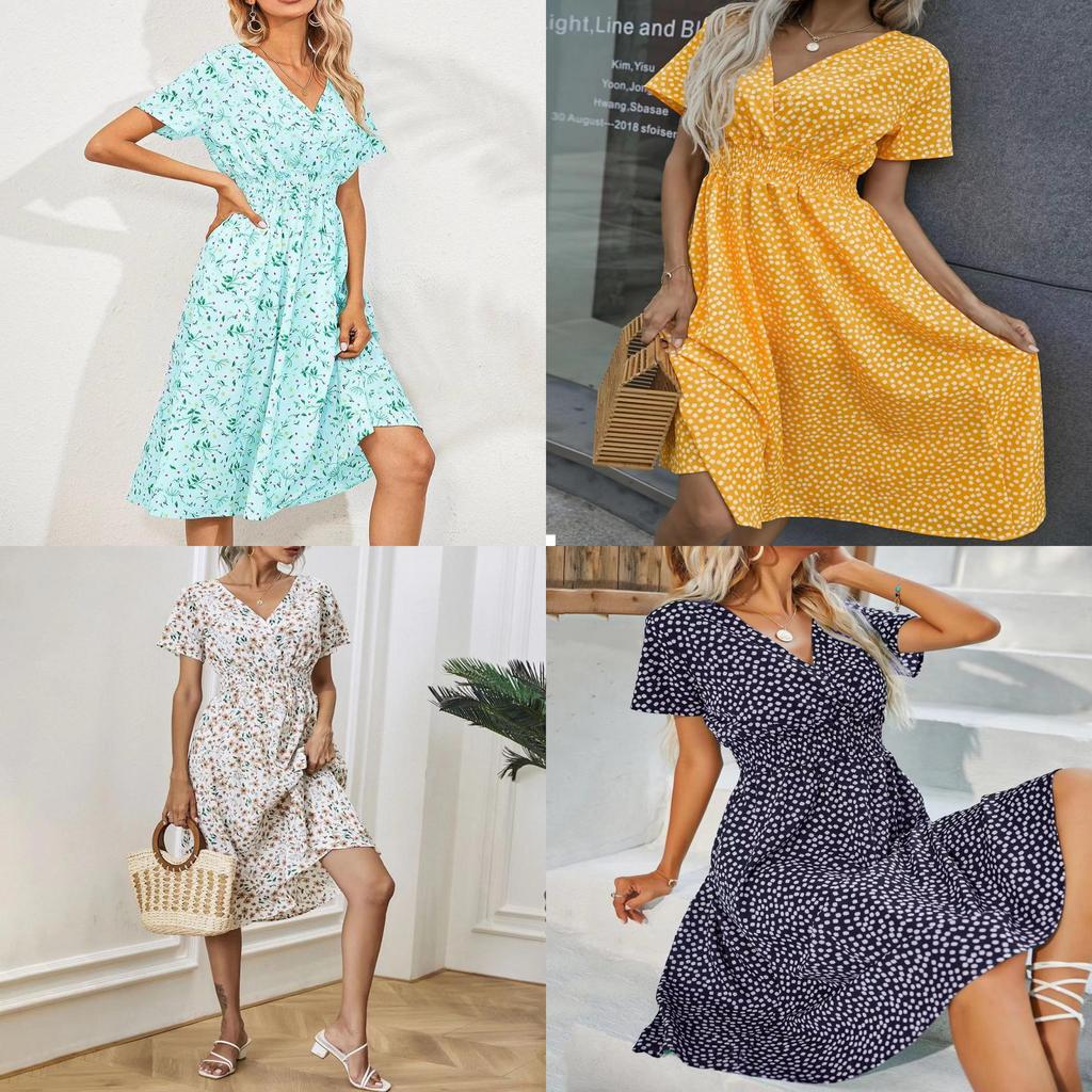 Polyester Floral Print A Line Dress With V Neck For Summer Casual Women