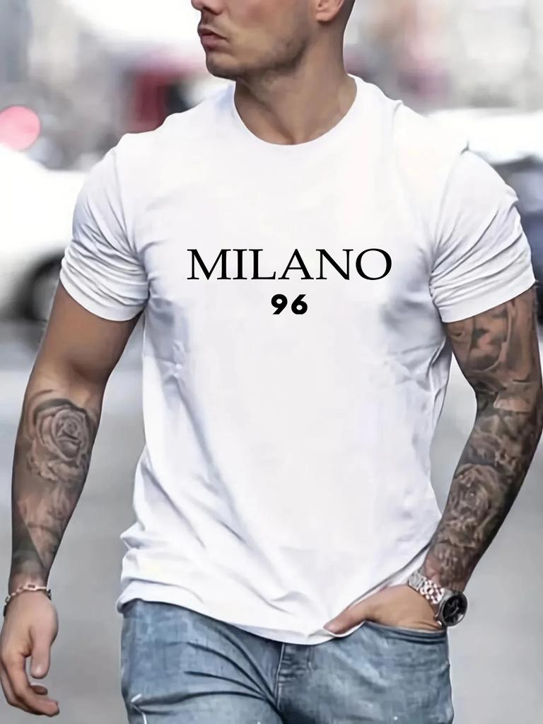 Men's 100% Cotton Summer Loose Size MILANO 96 Letter Printed Slim Fit Casual Sports Round Neck Short Sleeved T-shirt Top