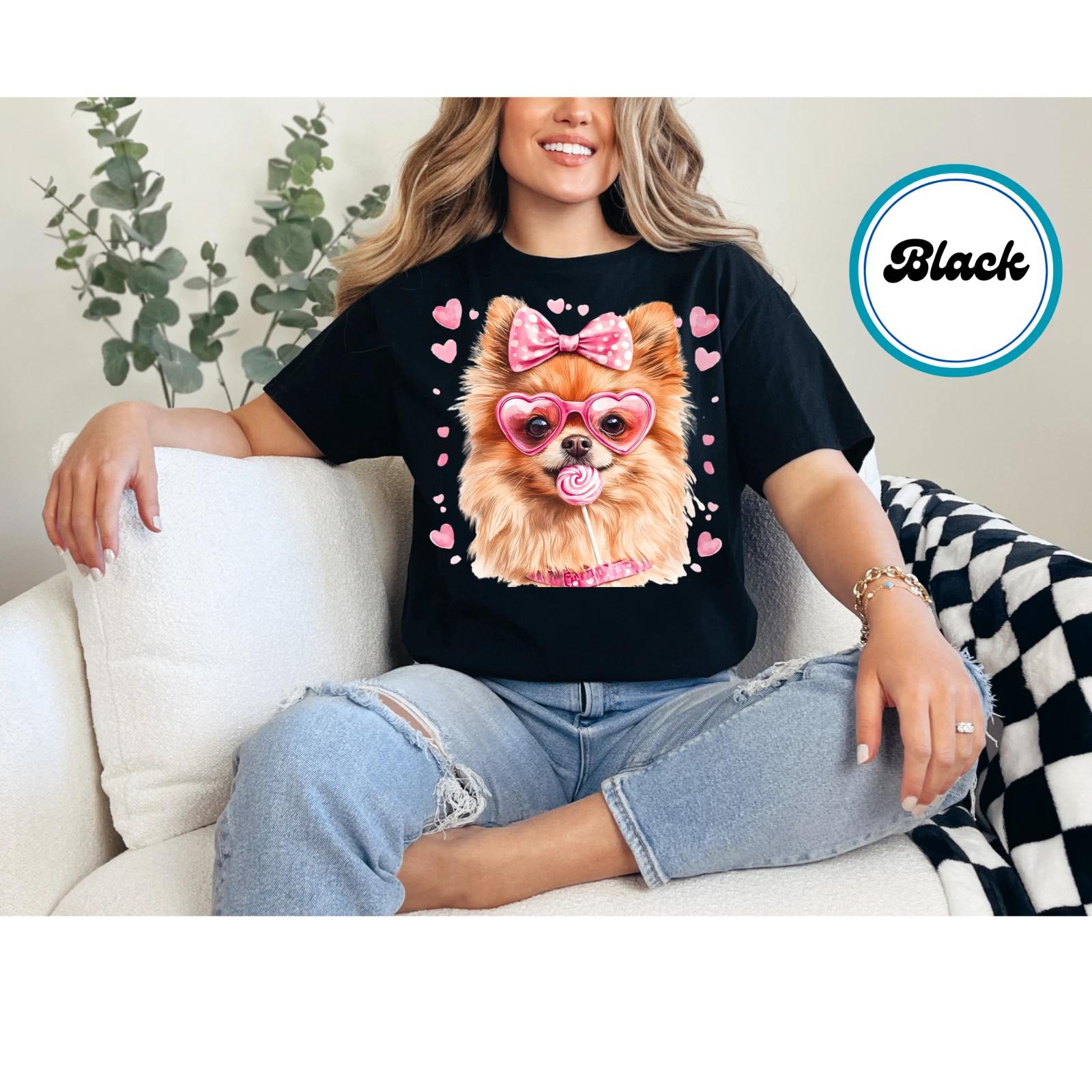 Women s Valentines Adorable Pomeranian Oversized Print Graphic Shirt S