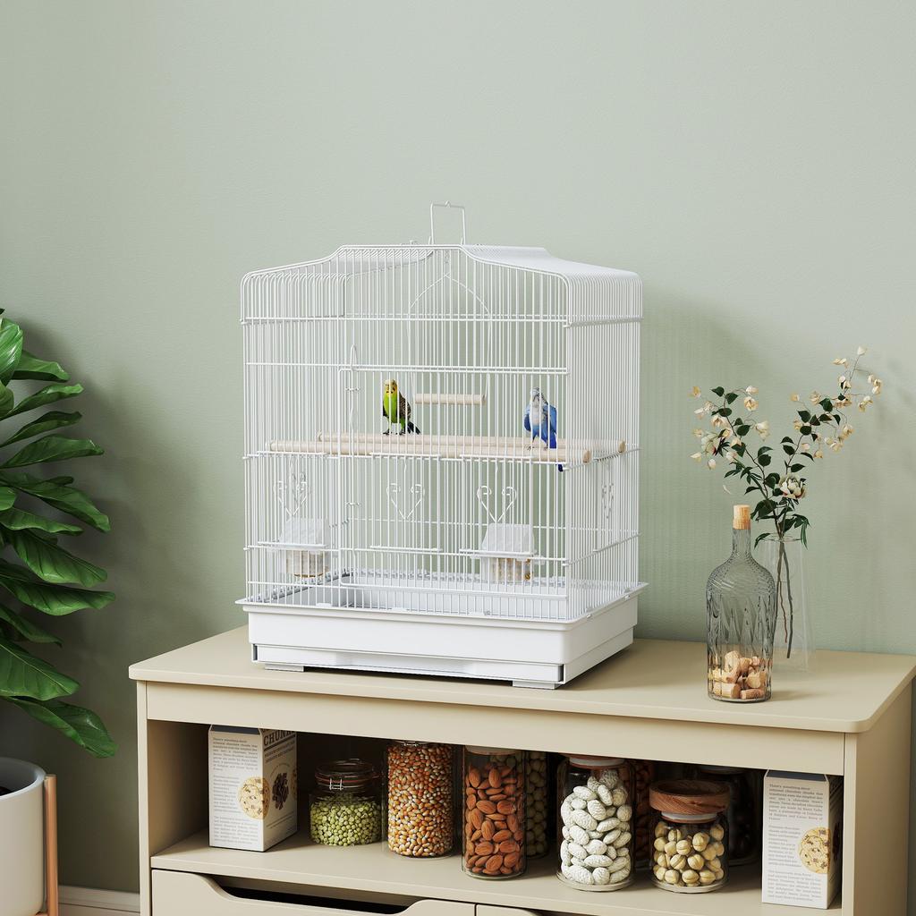 Birdcage Aviary, Feeders, Perches, Removable Droppings Tray, 46.5 x 36 x 59 cm, White