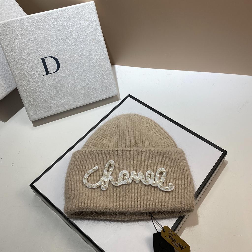 Pearl Hat Rabbit Hair Warm Knit Hat Women's Fashionable Winter Cold Hat Increase And Lengthen Double Folded Edges Hat