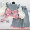 Girls' 2025 Autumn Denim Three-Piece Set: Fashionable Top, Elastic Base Layer & Wide-Leg Pants