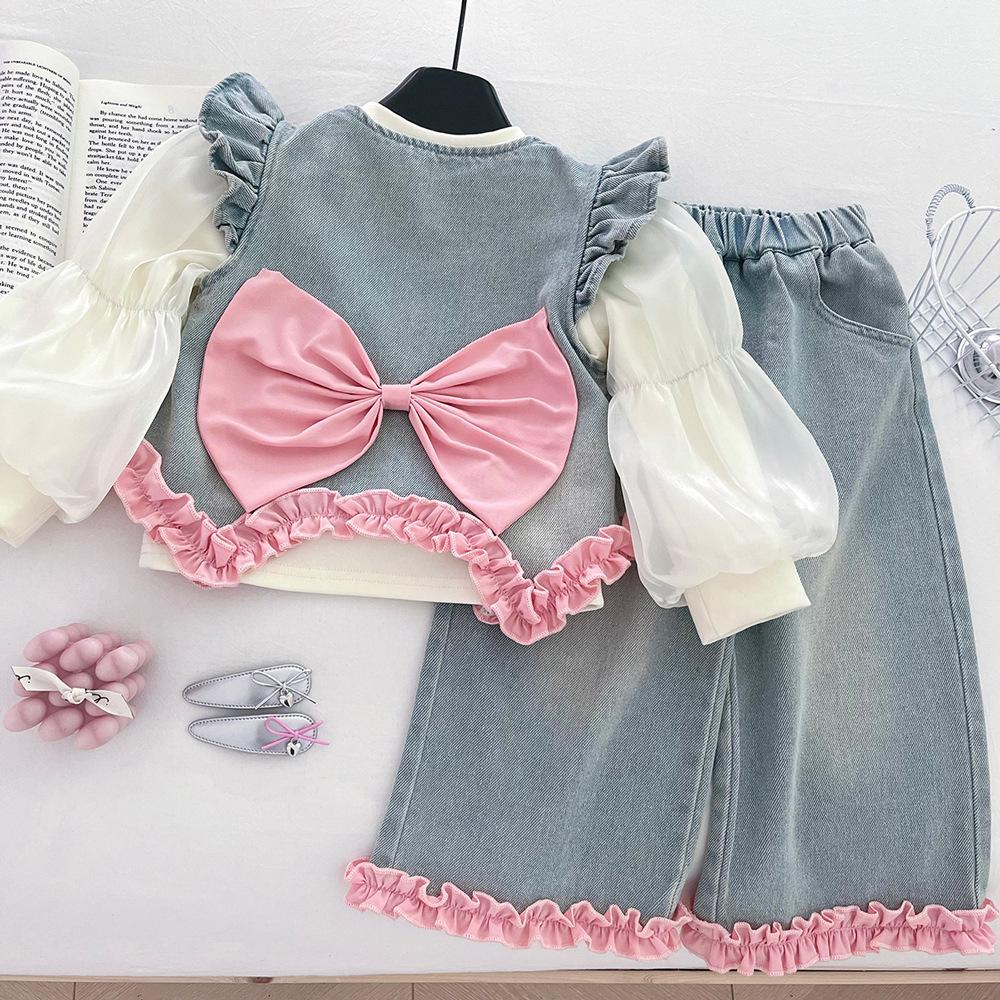 Girls' 2025 Autumn Denim Three-Piece Set: Fashionable Top, Elastic Base Layer & Wide-Leg Pants