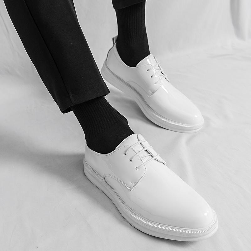Men’s White Derbys Dress Formal Business Patent Leather Shoes Men Gentleman Style Tuxedo Wedding Blazers Saddle Shoes Contrast StitchingLarge Size