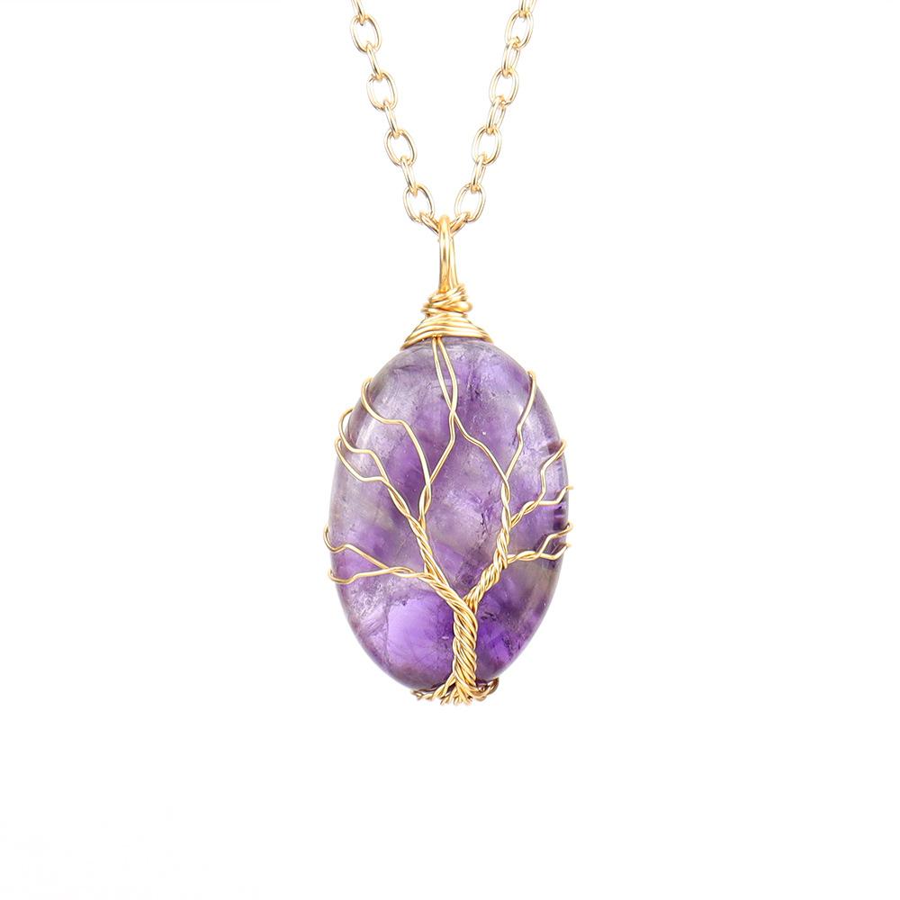 

Silk Natural Crystal Rough Stone Egg-Shaped Gold Winding Tree Of Life Pendant Necklace N644