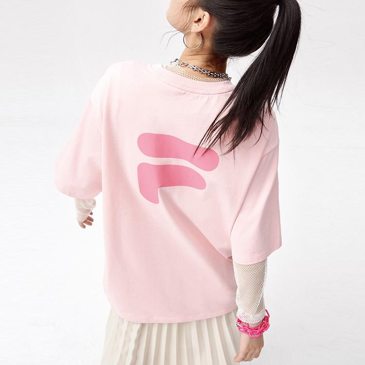 FILA Fusion Sports Lifestyle Series Casual Printed Round Neck Short Sleeve T-Shirt Unisex Tops Youth-Pink T11U126110FPK