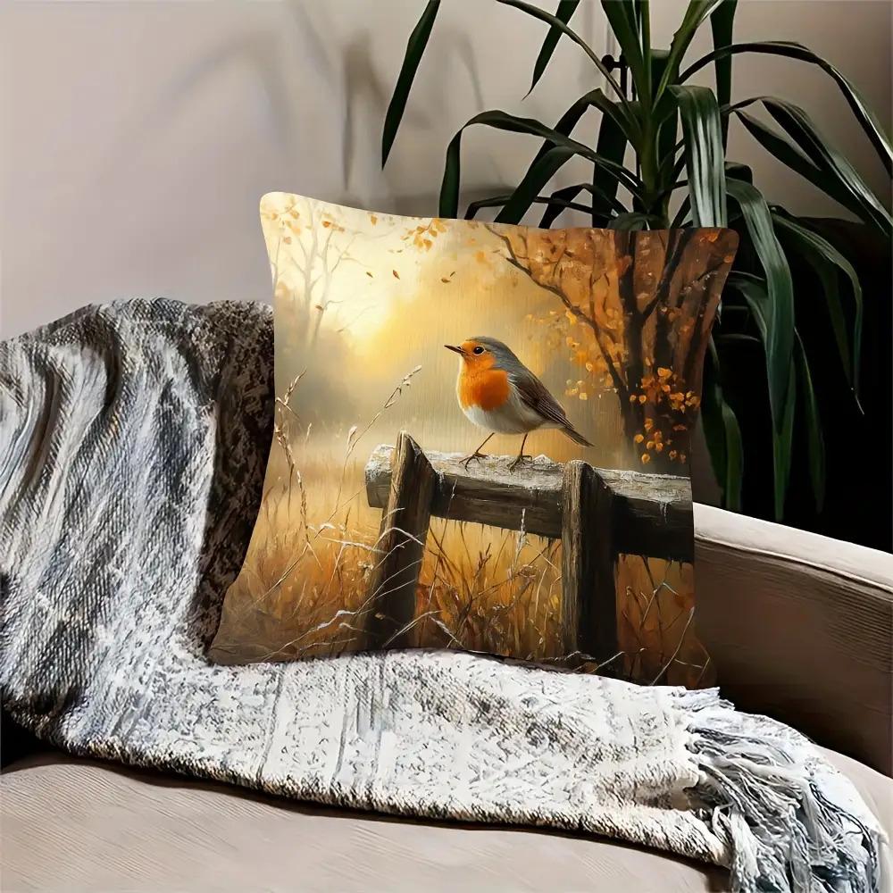 Vintage Rotkehlchen Vogel Kissenbezug Rustikale Herbstlandschaft Ölgemälde Druck Kissenhülle Für Sofa Couch Cottagecore Heimdekoration