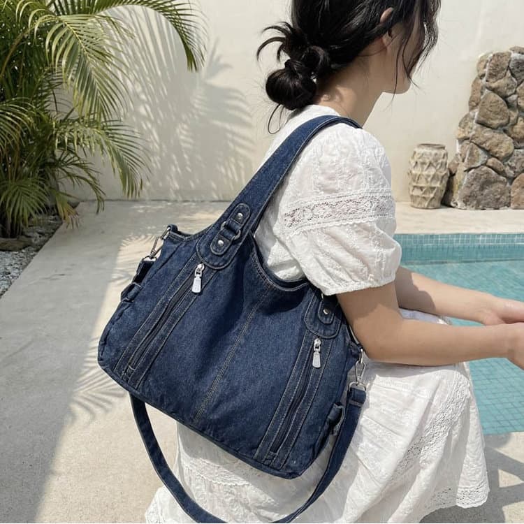 Vintage Multi-zipper Denim Bag Women's Shoulder Messenger Bag