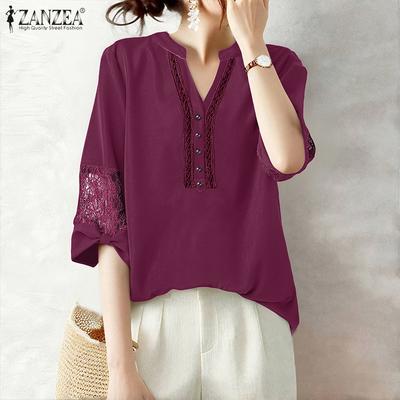 Women Lace Splice 3/4 Sleeve Casual V-Neck Blouse