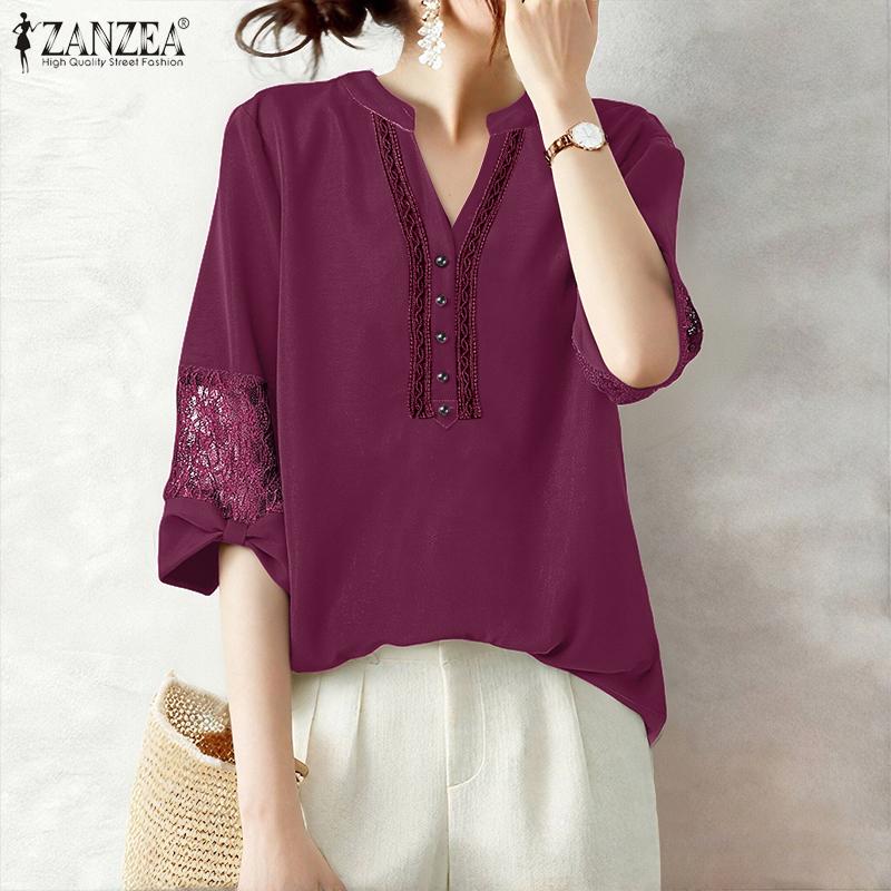 ZANZEA Women Lace Splice 3/4 Sleeve Casual V-Neck Blouse