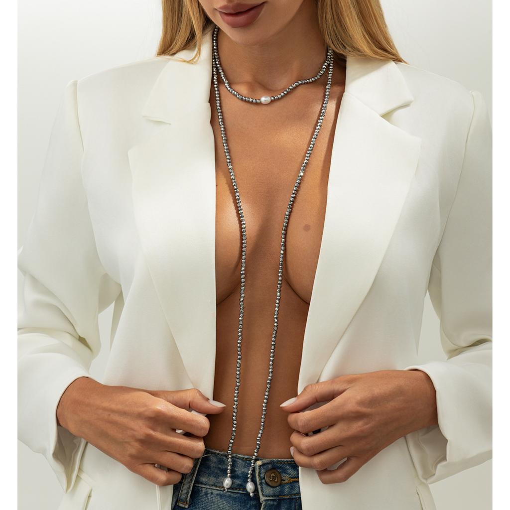 Retro Imitation Crystal Beaded Long Necklace, Fashionable Stacking Of Imitation Pearl Pendant Winding Necklace