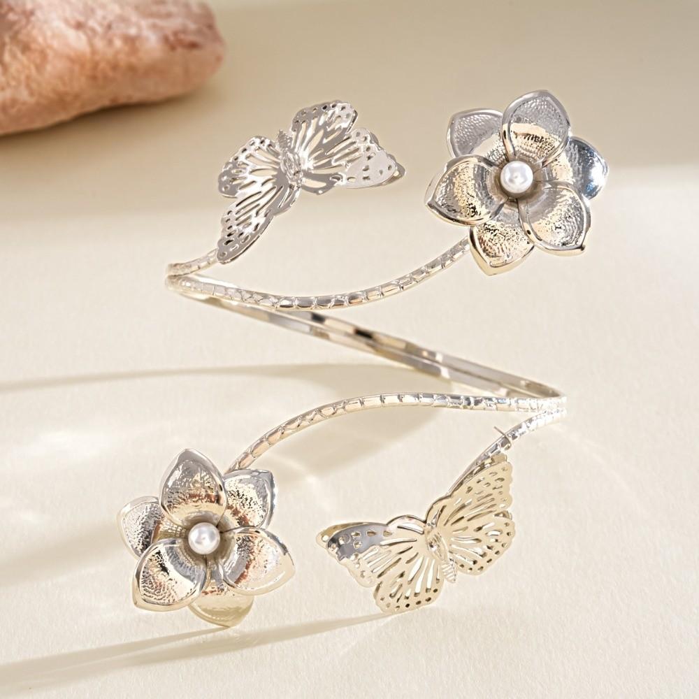 Iron Flower Butterfly Arm Cuff Pearl Wide Open Arm Cuff Fashion Cuff Bangle for Women Women серебряный